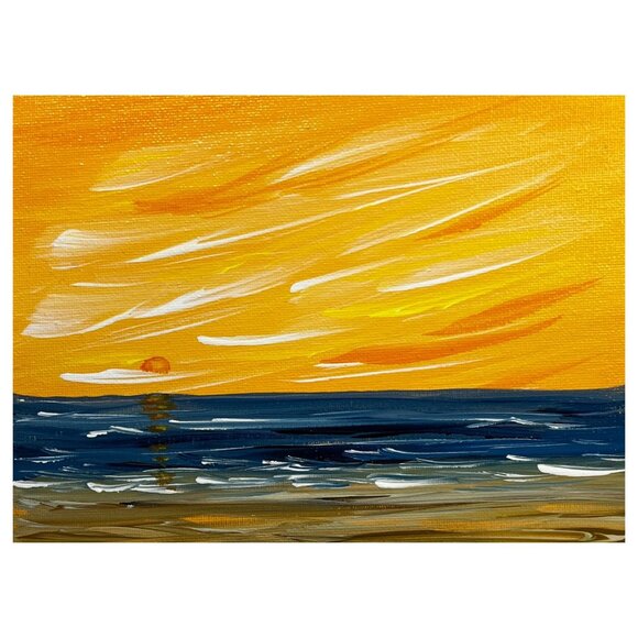 Sun Setting Over The Sea Acrylic Seascape Painting 6" x 8" Unframed - Signed - Picture 6 of 7